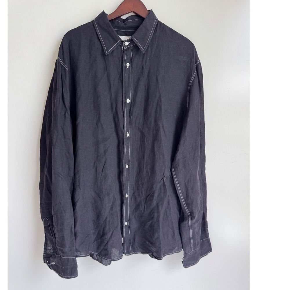 Frank & Eileen Paul Mens XXL Charcoal Black 100% Linen Contrast Stitch Shirt USA